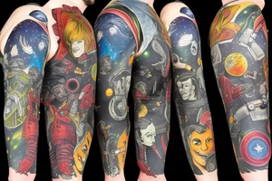 full sleeve, space heroes, pulp Science fiction, color, tattoo idea