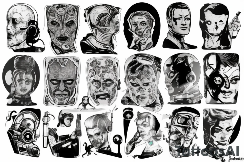 full sleeve, space heroes, pulp Science fiction, color, tattoo idea