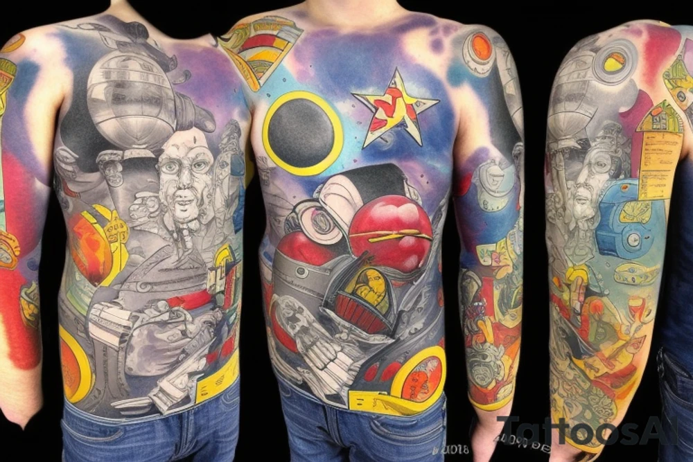 full sleeve, retro space heroes, pulp Science fiction, color, tattoo idea