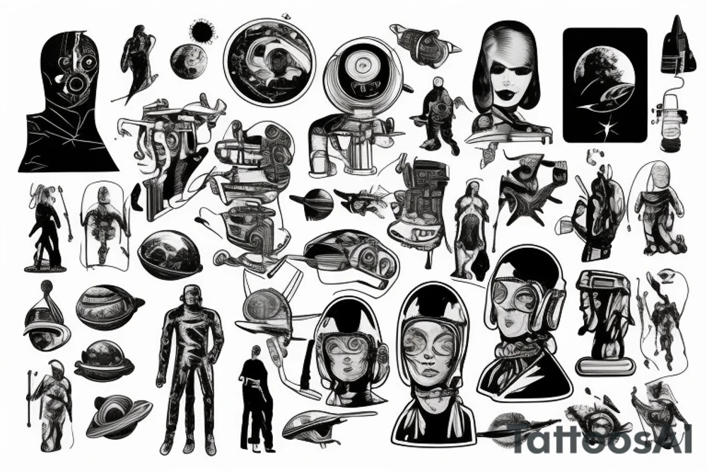 full sleeve, retro space heroes, pulp Science fiction, color, tattoo idea