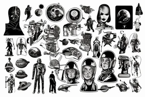 full sleeve, retro space heroes, pulp Science fiction, color, tattoo idea