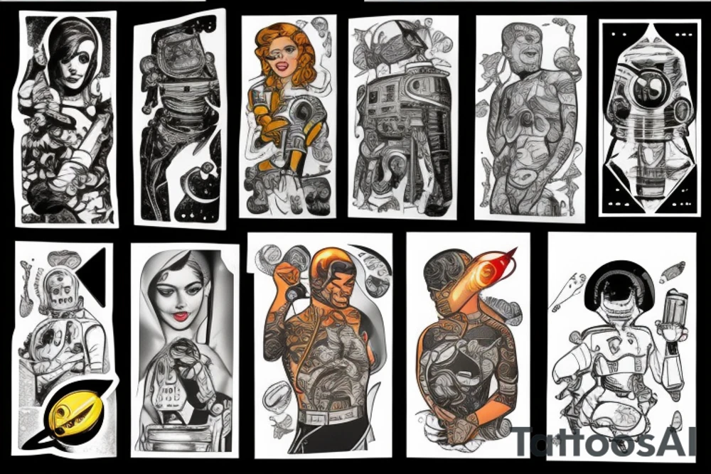 full sleeve, retro space heroes, pulp, Science fiction, color, tattoo idea
