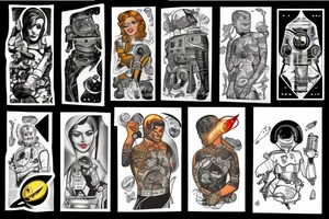 full sleeve, retro space heroes, pulp, Science fiction, color, tattoo idea