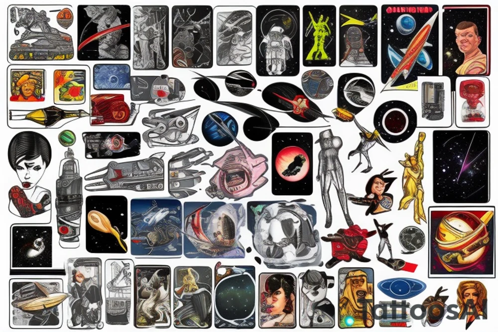 full sleeve, retro space heroes, pulp, Science fiction, color, tattoo idea