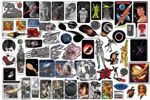 full sleeve, retro space heroes, pulp, Science fiction, color, tattoo idea