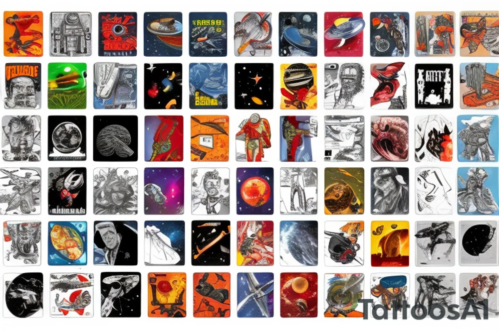 full sleeve, retro space heroes, pulp, Science fiction, color, tattoo idea