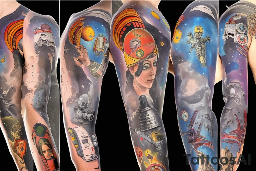 full sleeve, retro space heroes, pulp, Science fiction, color, tattoo idea