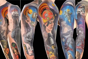 full sleeve, retro space heroes, pulp, Science fiction, color, tattoo idea