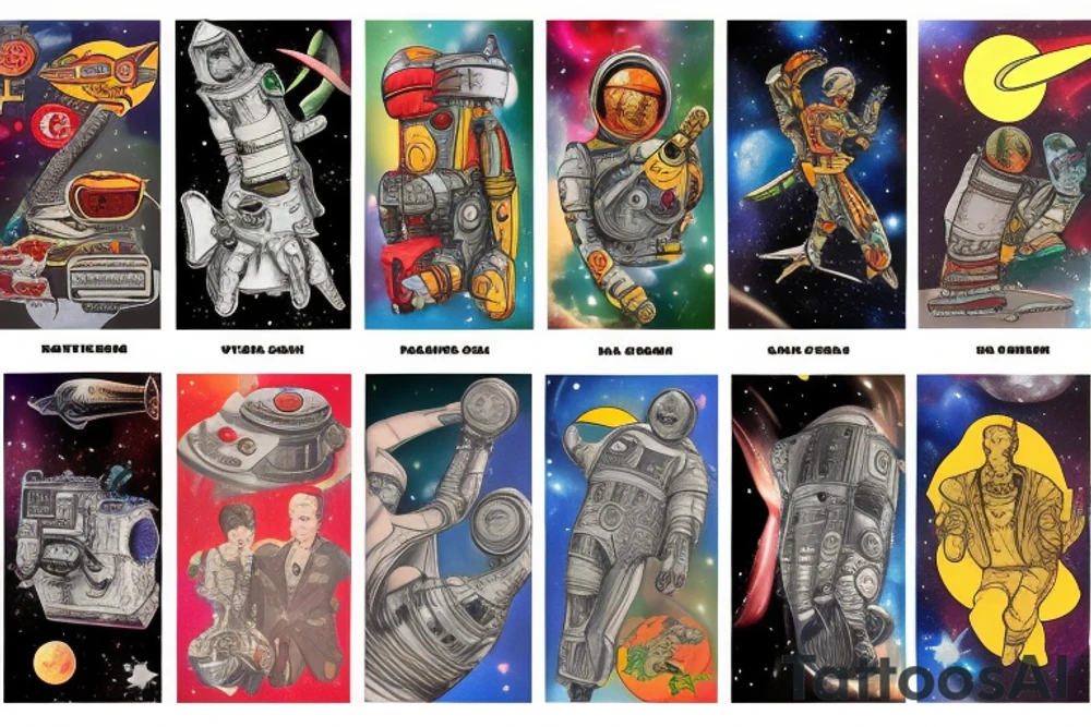 full sleeve, retro space heroes, pulp, Science fiction, color, tattoo idea