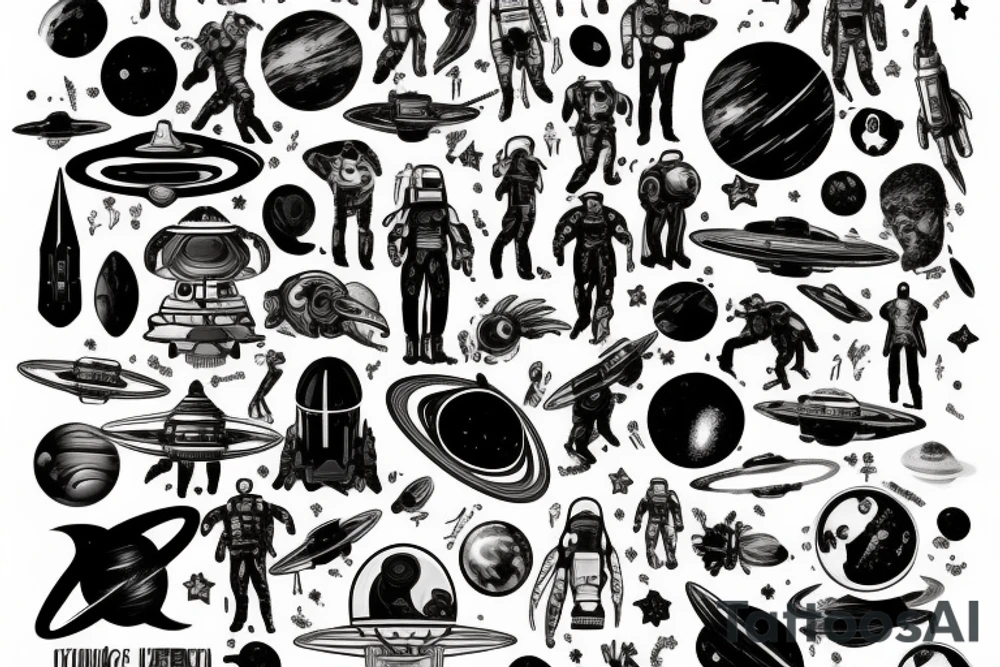 full sleeve, retro space heroes, pulp, Science fiction, color, tattoo idea