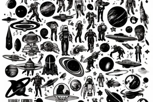 full sleeve, retro space heroes, pulp, Science fiction, color, tattoo idea