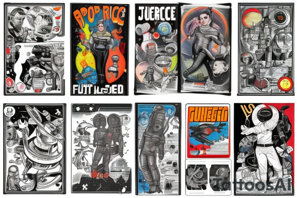 full sleeve, retro space heroes, pulp, Science fiction, color, tattoo idea
