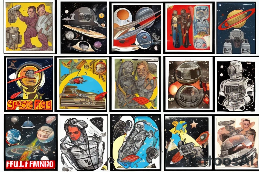 full sleeve, retro space heroes, pulp, Science fiction, color, tattoo idea