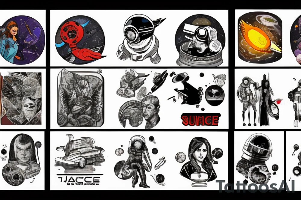 full sleeve, retro space heroes, pulp, Science fiction, color, tattoo idea