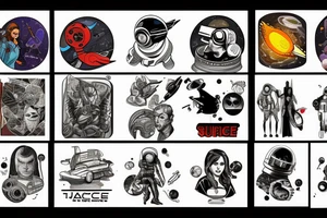 full sleeve, retro space heroes, pulp, Science fiction, color, tattoo idea