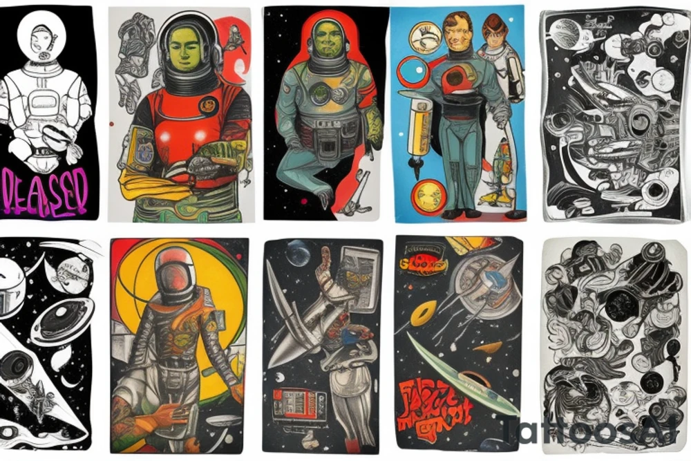 full sleeve, retro space heroes, pulp, Science fiction, color, tattoo idea
