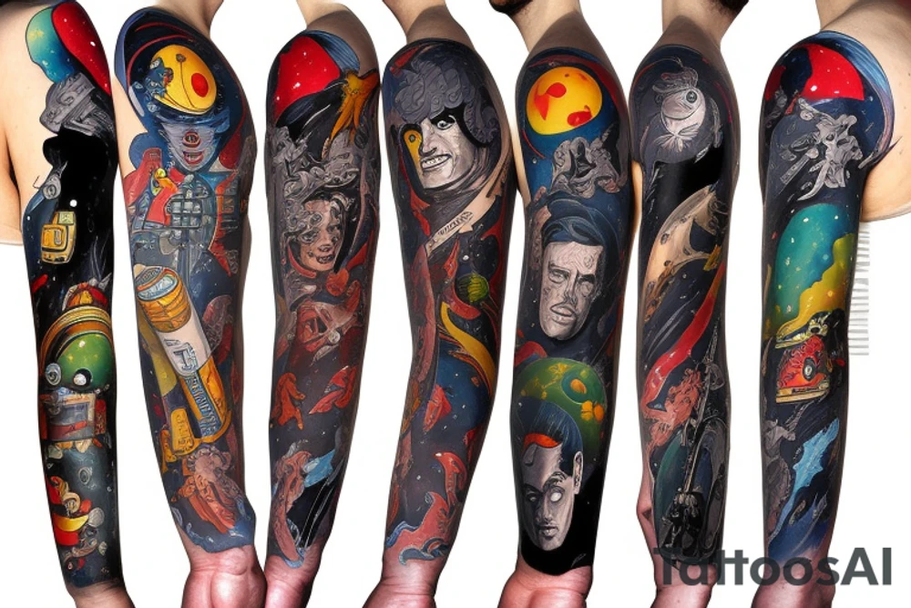 full sleeve, retro space heroes, pulp, Science fiction, color, tattoo idea