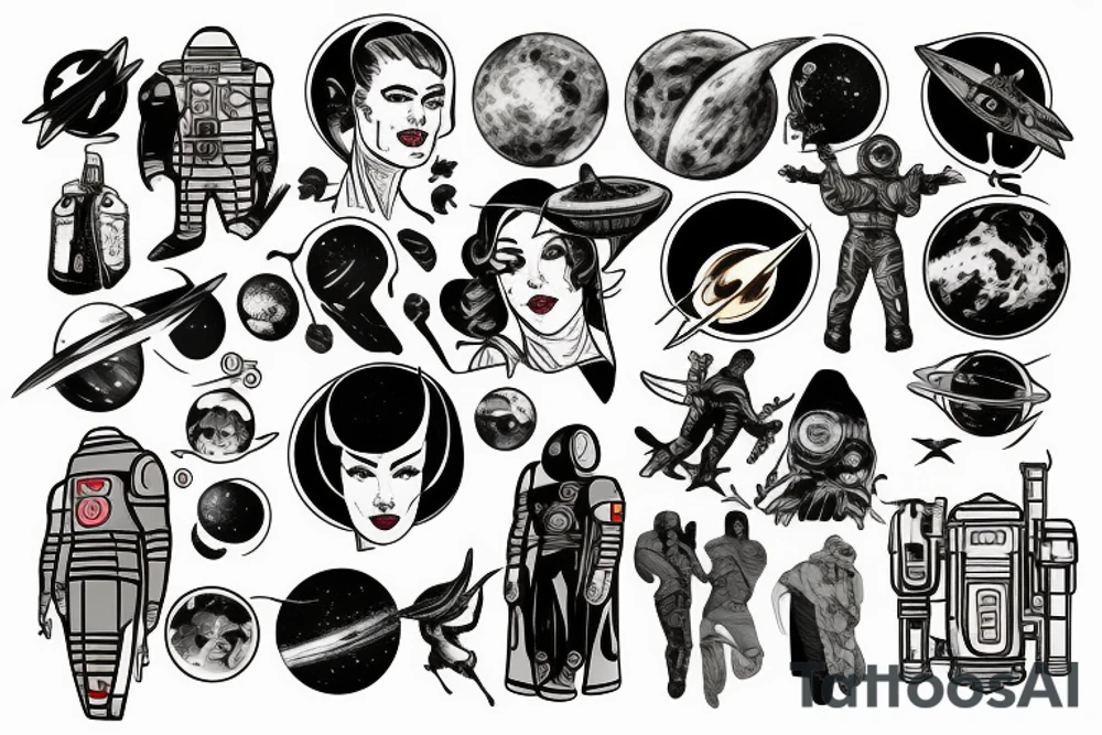 full sleeve, retro space heroes, pulp, Science fiction, color, tattoo idea