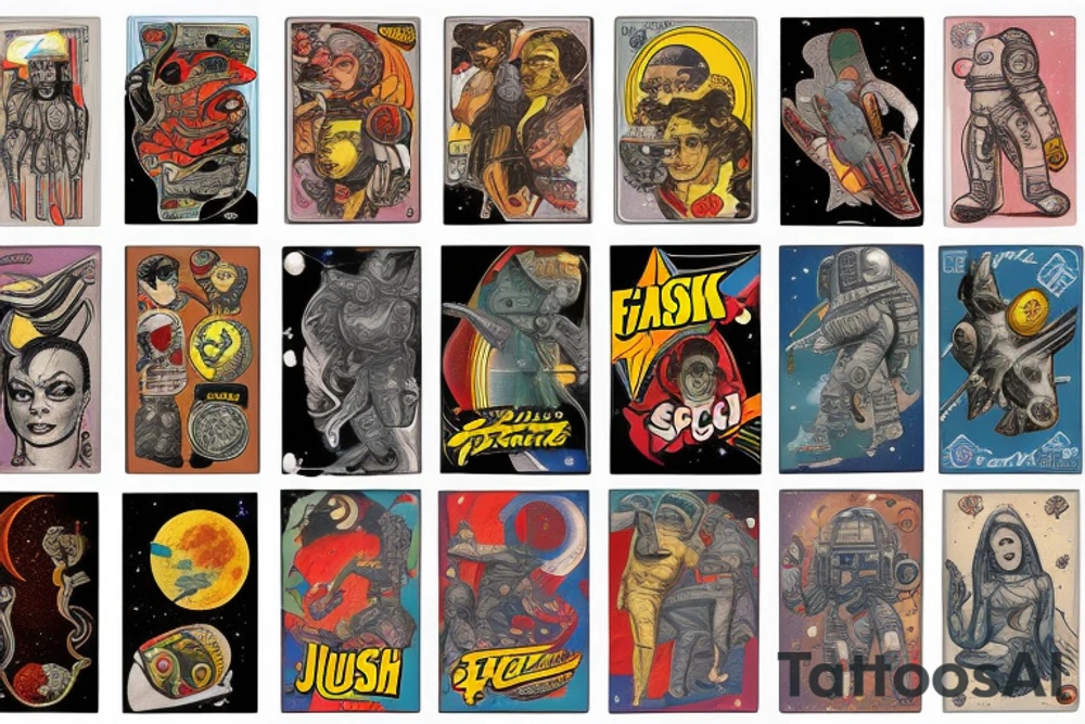 full sleeve, retro space heroes, pulp, Science fiction, color, tattoo idea