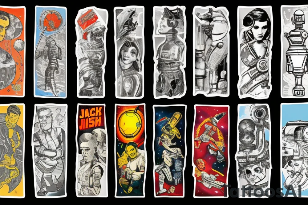 full sleeve, retro space heroes, pulp, Science fiction, color, tattoo idea