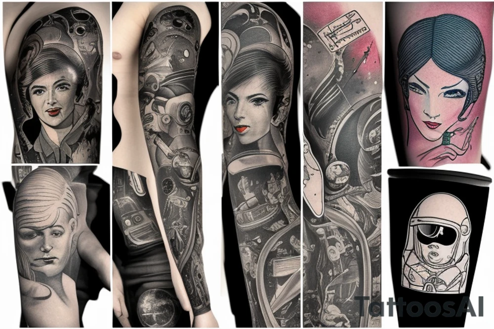 full sleeve, retro space heroes, pulp, Science fiction, color, tattoo idea