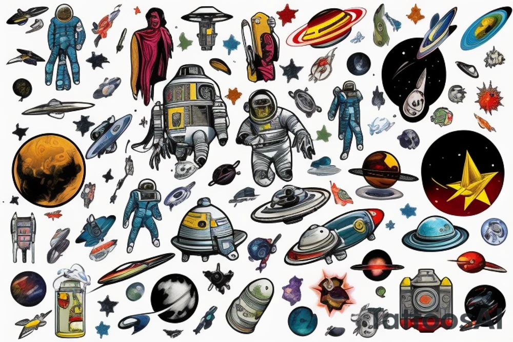 full sleeve, retro space heroes, pulp, Science fiction, color, tattoo idea