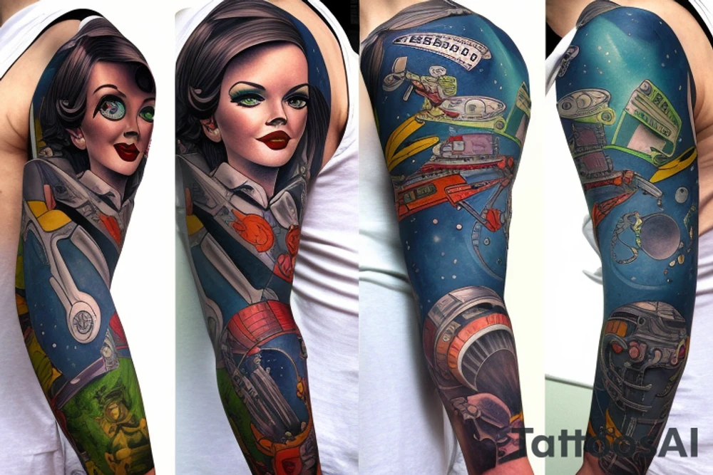 full sleeve, retro space heroes, pulp, Science fiction, color, tattoo idea