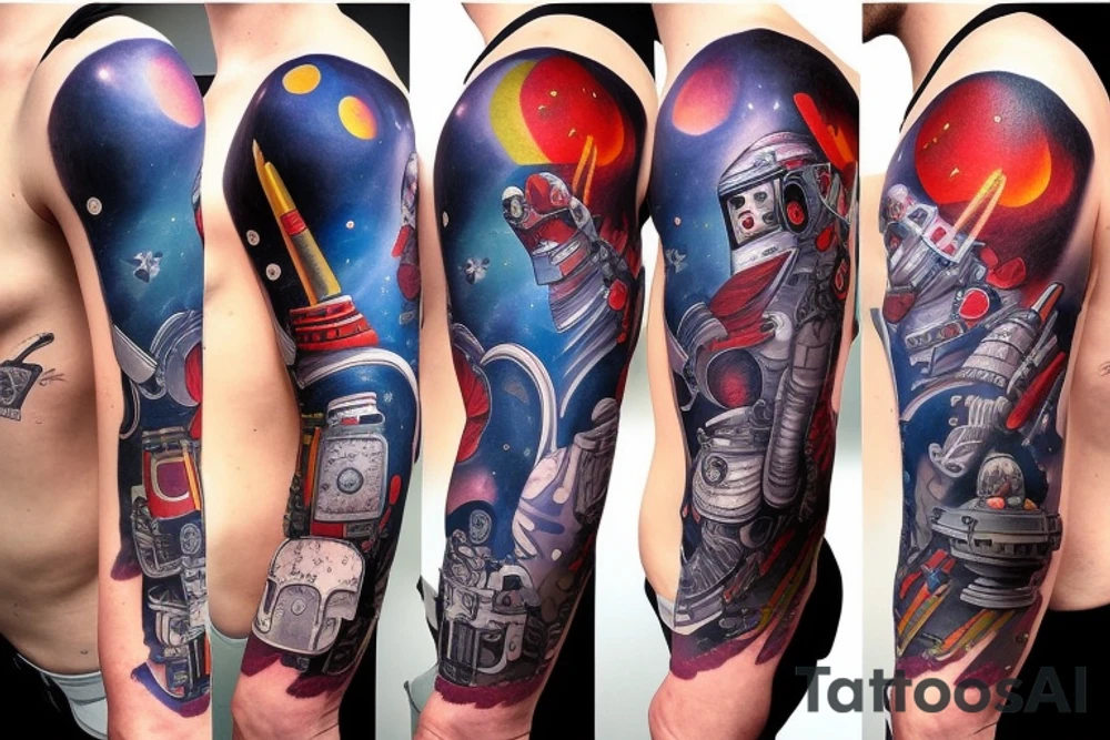 full sleeve, retro space heroes, pulp, Science fiction, color, tattoo idea