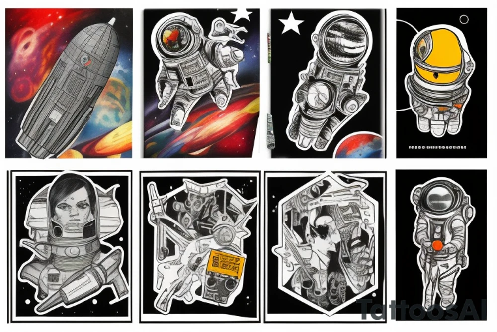 full sleeve, retro space heroes, pulp, Science fiction, color, tattoo idea