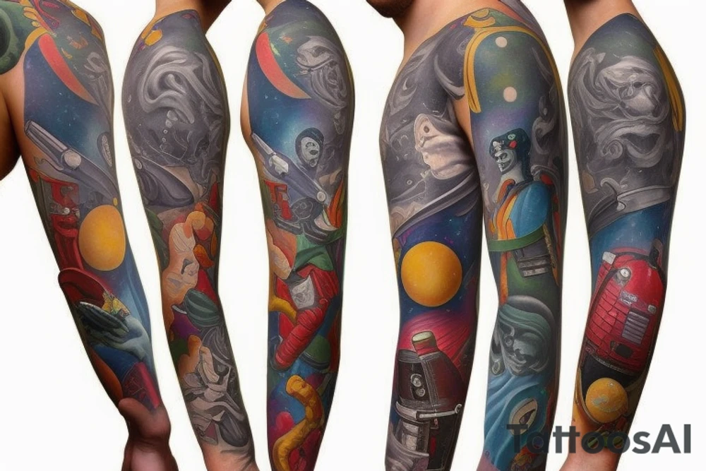 full sleeve, retro space heroes, pulp, Science fiction, color, tattoo idea