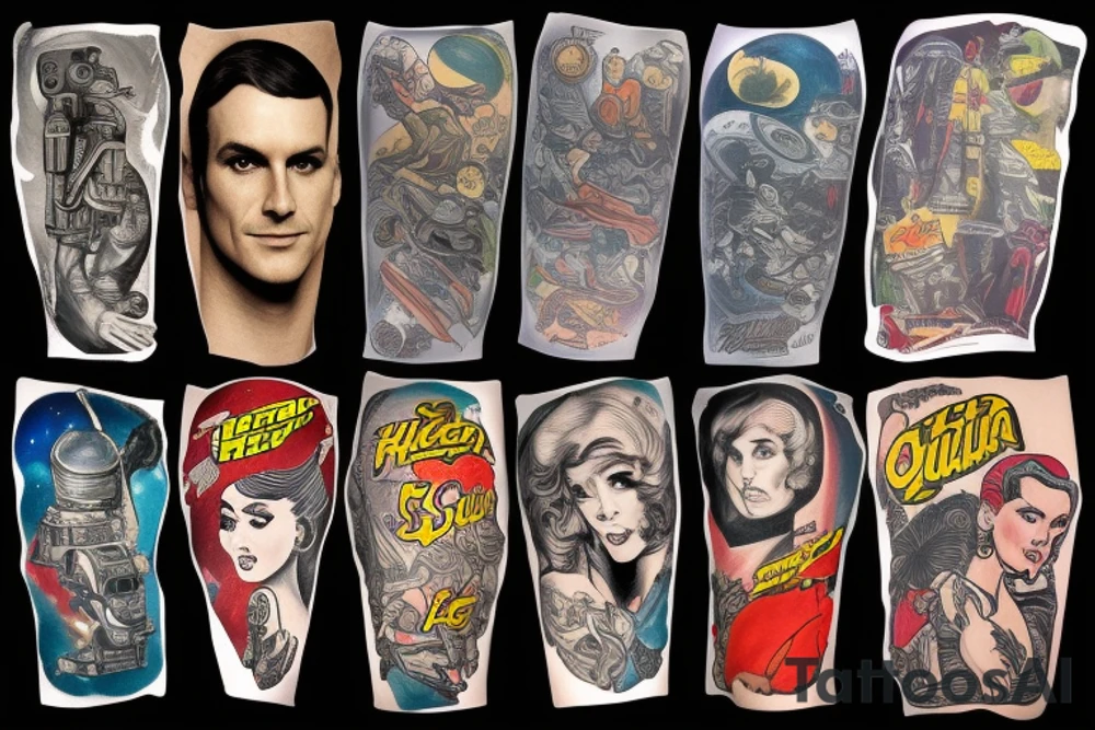 full sleeve, retro space heroes, pulp, Science fiction, color, tattoo idea