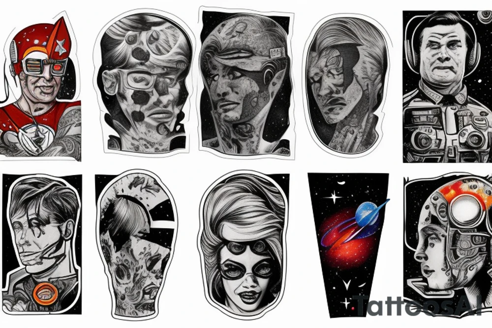 full sleeve, retro space heroes, pulp, Science fiction, color, tattoo idea