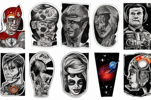 full sleeve, retro space heroes, pulp, Science fiction, color, tattoo idea
