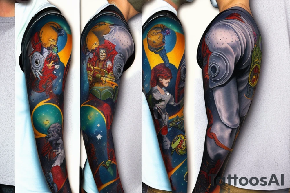 full sleeve, retro space heroes, pulp, Science fiction, color, battle, monsters, tattoo idea