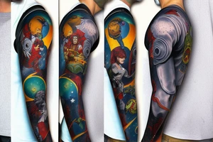 full sleeve, retro space heroes, pulp, Science fiction, color, battle, monsters, tattoo idea