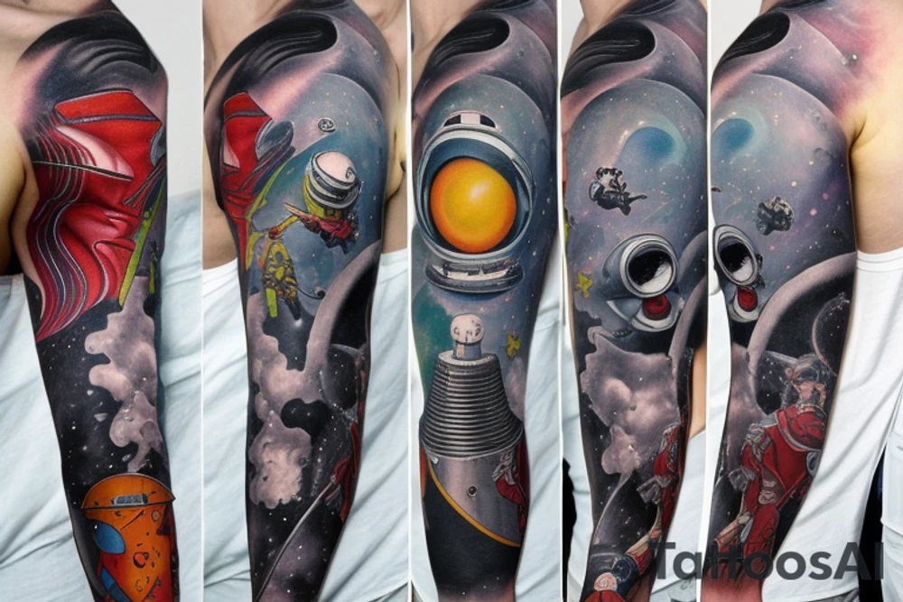 full sleeve, retro space heroes, pulp, Science fiction, color, battle, monsters, tattoo idea