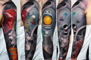 full sleeve, retro space heroes, pulp, Science fiction, color, battle, monsters, tattoo idea