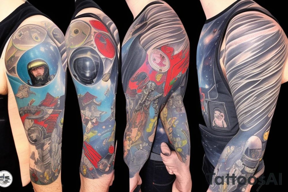 full sleeve, retro space heroes, pulp, Science fiction, color, battle scene, monsters, tattoo idea