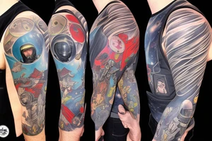 full sleeve, retro space heroes, pulp, Science fiction, color, battle scene, monsters, tattoo idea