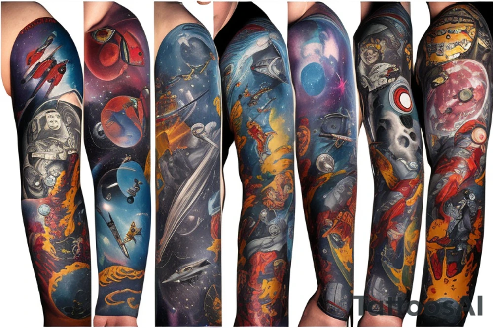 full sleeve, retro space heroes, pulp, Science fiction, color, battle scene, monsters, tattoo idea