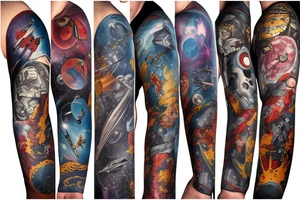 full sleeve, retro space heroes, pulp, Science fiction, color, battle scene, monsters, tattoo idea