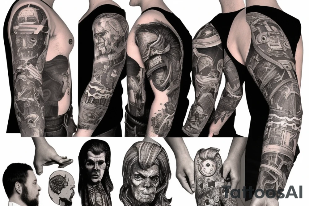 full sleeve, retro heroes, pulp, Science fiction, color, battle scene, monsters, tattoo idea