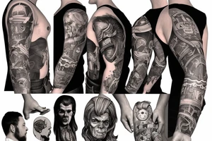 full sleeve, retro heroes, pulp, Science fiction, color, battle scene, monsters, tattoo idea