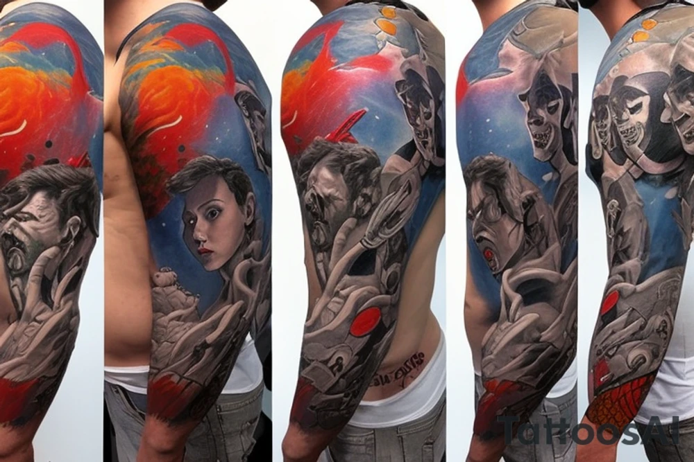 full sleeve, retro heroes, pulp, Science fiction, color, battle scene, monsters, tattoo idea