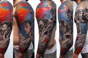 full sleeve, retro heroes, pulp, Science fiction, color, battle scene, monsters, tattoo idea