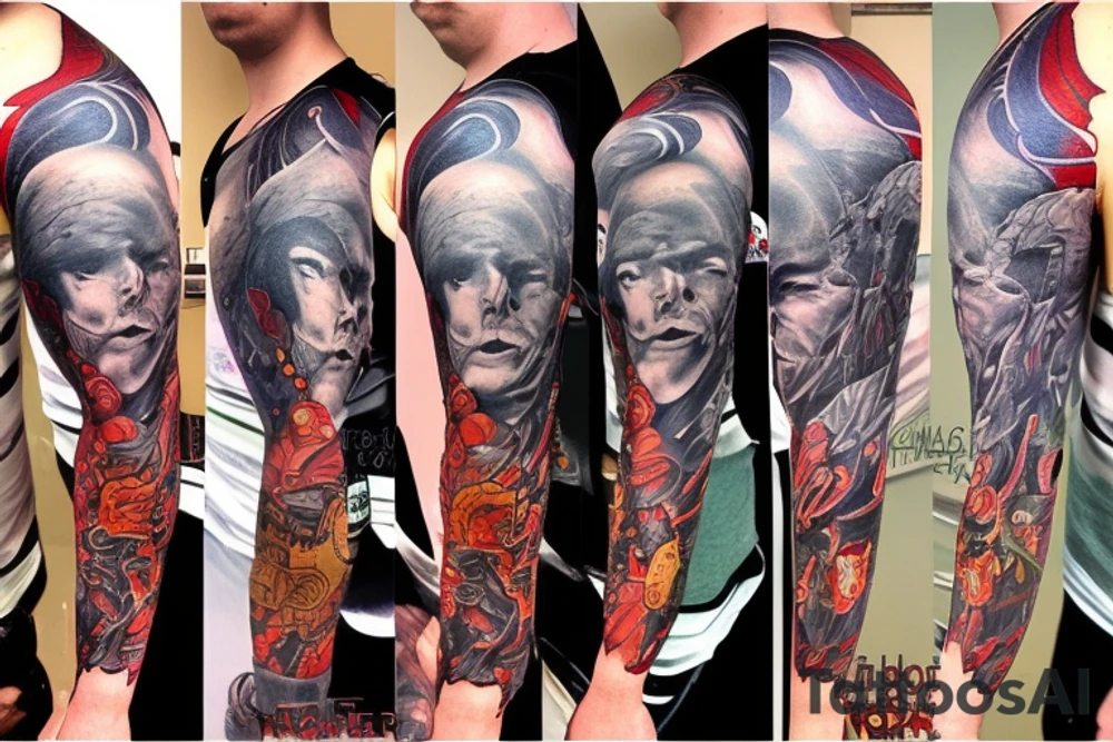full sleeve, retro heroes, pulp, Science fiction, color, battle scene, monsters, tattoo idea