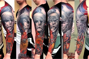 full sleeve, retro heroes, pulp, Science fiction, color, battle scene, monsters, tattoo idea