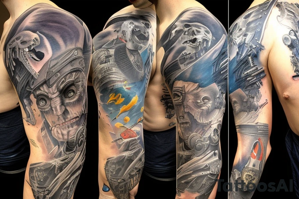 full sleeve, retro heroes, pulp, Science fiction, color, battle scene, monsters, tattoo idea