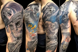 full sleeve, retro heroes, pulp, Science fiction, color, battle scene, monsters, tattoo idea