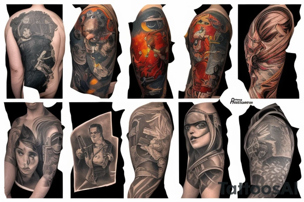 full sleeve, retro heroes, pulp, Science fiction, color, battle scene, monsters, tattoo idea